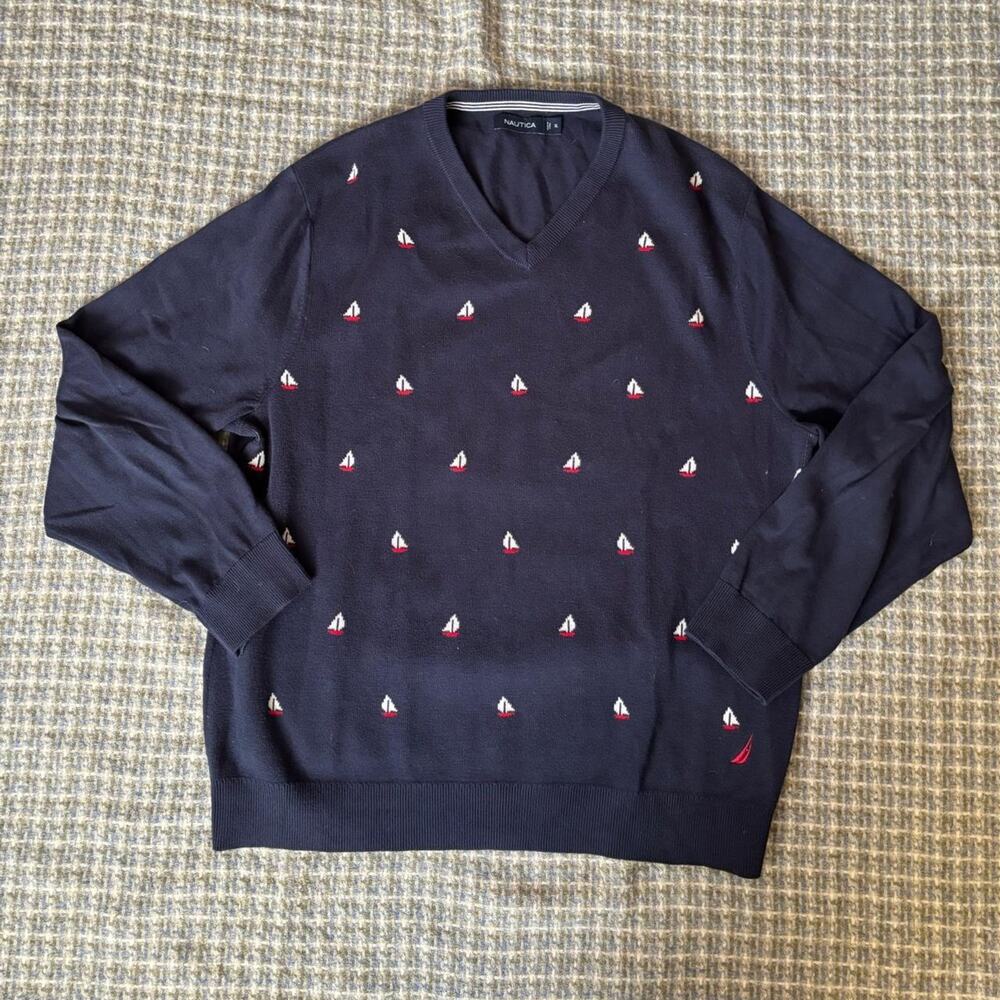 Nautica Navy Blue Pullover Sailboat Sweater Men's XL Nautical Cottage-Core